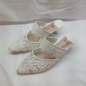 Impo Erleen White Crochet Lace Pointed Toe Mule Kitten Heels Womens 11M Formal